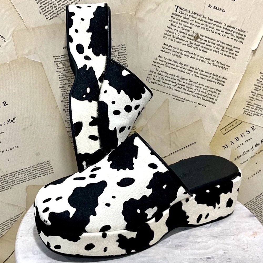 Anthropologie Lisa Says Gah Dakota Platform Clog Black White Cow Faux Hair - Picture 5 of 9